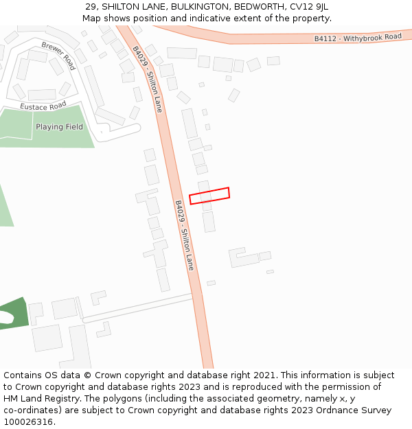 29, SHILTON LANE, BULKINGTON, BEDWORTH, CV12 9JL: Location map and indicative extent of plot