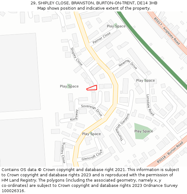 29, SHIPLEY CLOSE, BRANSTON, BURTON-ON-TRENT, DE14 3HB: Location map and indicative extent of plot
