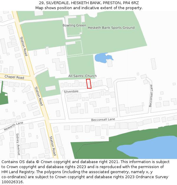 29, SILVERDALE, HESKETH BANK, PRESTON, PR4 6RZ: Location map and indicative extent of plot