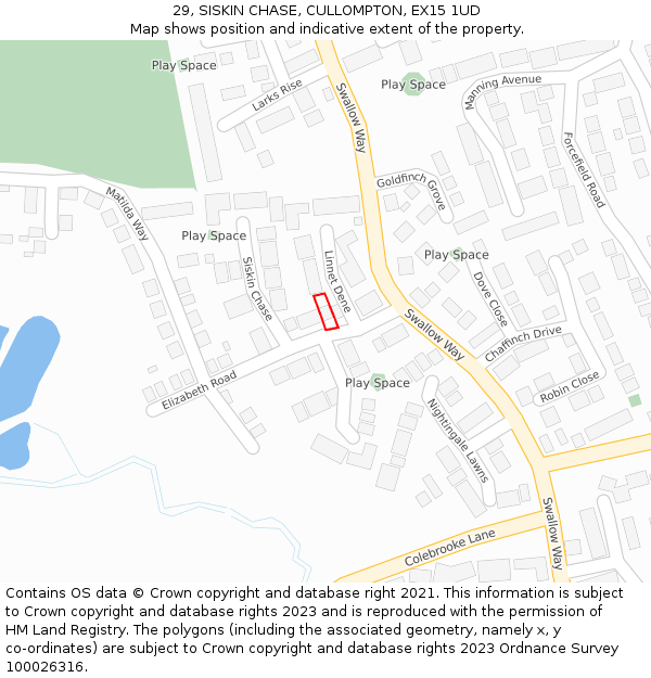 29, SISKIN CHASE, CULLOMPTON, EX15 1UD: Location map and indicative extent of plot