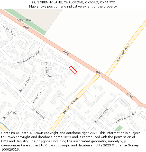 29, SIXPENNY LANE, CHALGROVE, OXFORD, OX44 7YD: Location map and indicative extent of plot