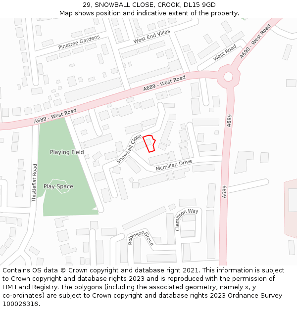 29, SNOWBALL CLOSE, CROOK, DL15 9GD: Location map and indicative extent of plot