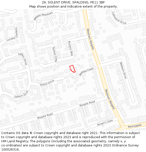 29, SOLENT DRIVE, SPALDING, PE11 3BF: Location map and indicative extent of plot