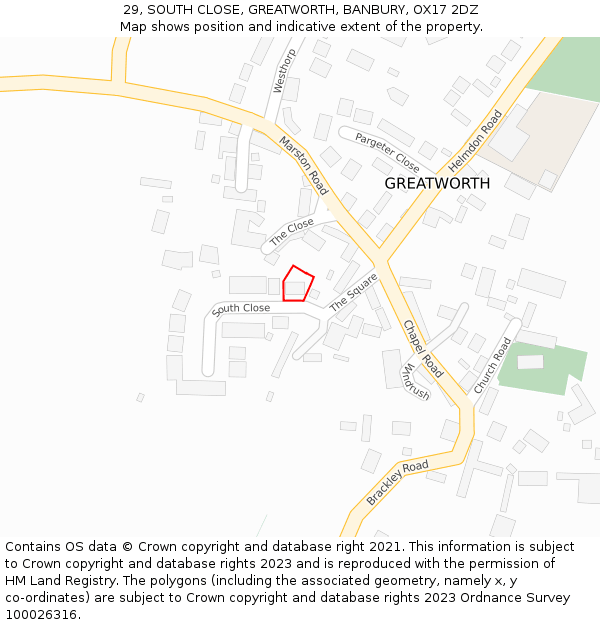 29, SOUTH CLOSE, GREATWORTH, BANBURY, OX17 2DZ: Location map and indicative extent of plot