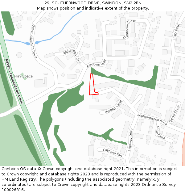 29, SOUTHERNWOOD DRIVE, SWINDON, SN2 2RN: Location map and indicative extent of plot