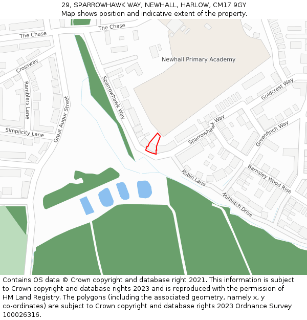 29, SPARROWHAWK WAY, NEWHALL, HARLOW, CM17 9GY: Location map and indicative extent of plot