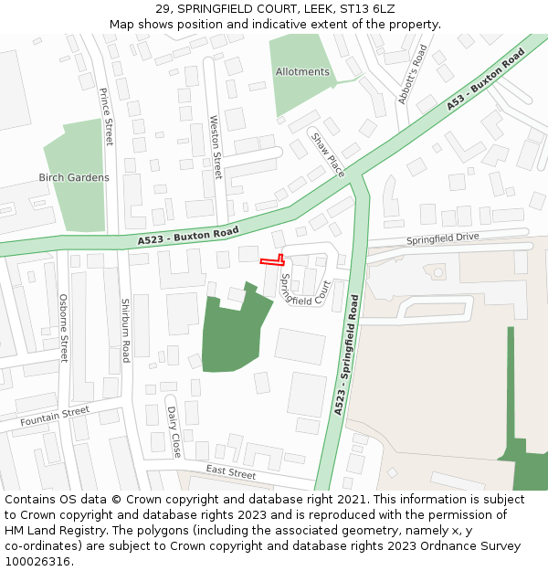 29, SPRINGFIELD COURT, LEEK, ST13 6LZ: Location map and indicative extent of plot