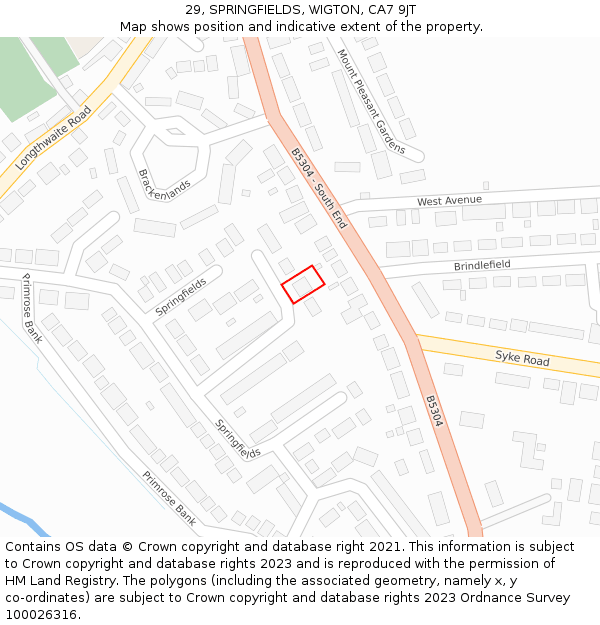 29, SPRINGFIELDS, WIGTON, CA7 9JT: Location map and indicative extent of plot