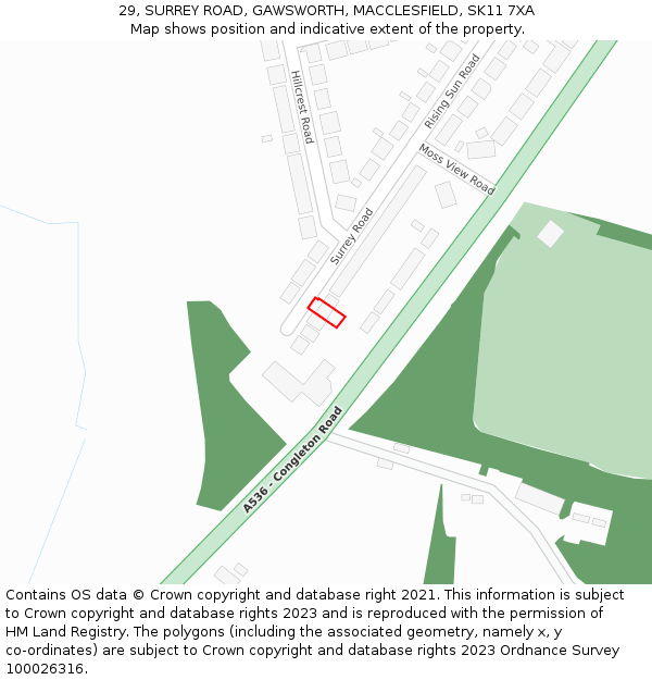 29, SURREY ROAD, GAWSWORTH, MACCLESFIELD, SK11 7XA: Location map and indicative extent of plot