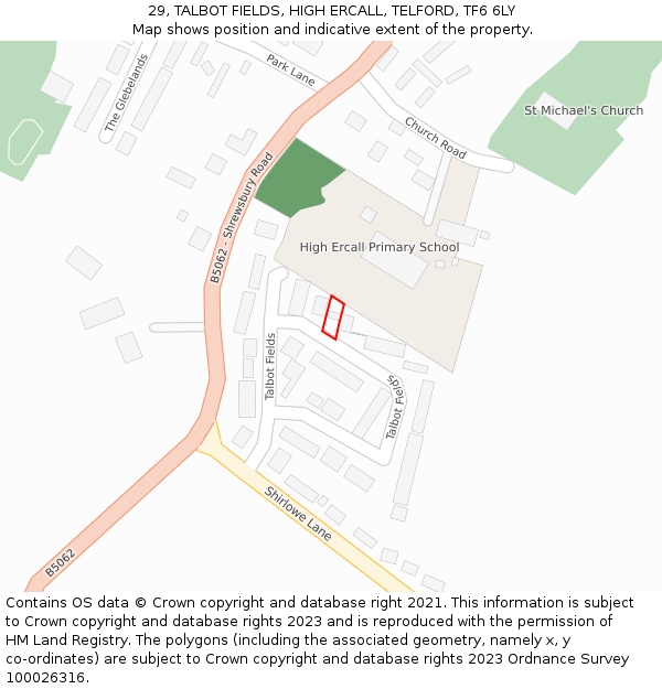 29, TALBOT FIELDS, HIGH ERCALL, TELFORD, TF6 6LY: Location map and indicative extent of plot