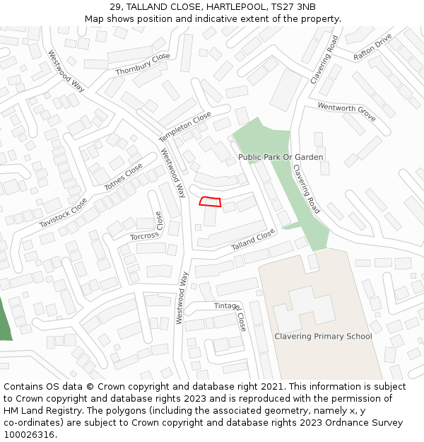 29, TALLAND CLOSE, HARTLEPOOL, TS27 3NB: Location map and indicative extent of plot