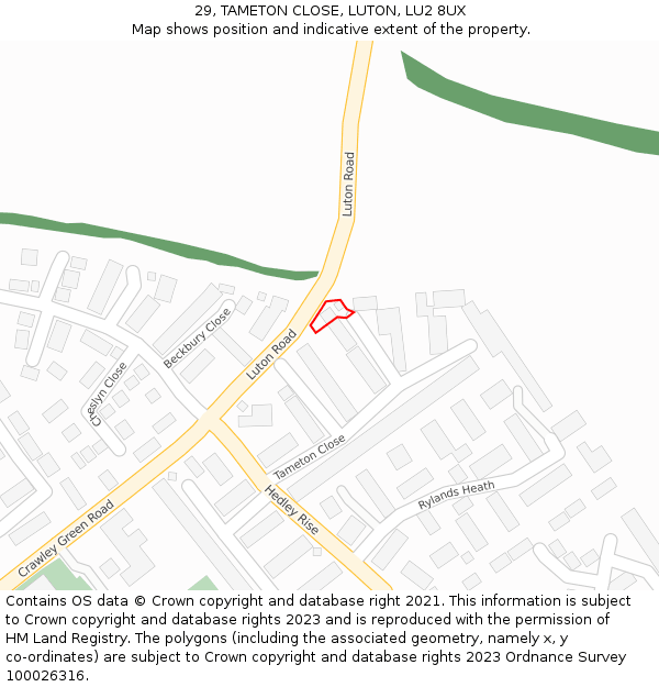 29, TAMETON CLOSE, LUTON, LU2 8UX: Location map and indicative extent of plot