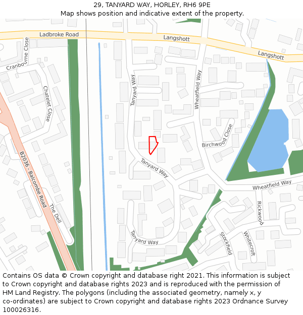 29, TANYARD WAY, HORLEY, RH6 9PE: Location map and indicative extent of plot