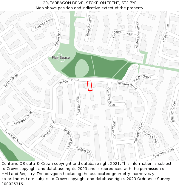 29, TARRAGON DRIVE, STOKE-ON-TRENT, ST3 7YE: Location map and indicative extent of plot