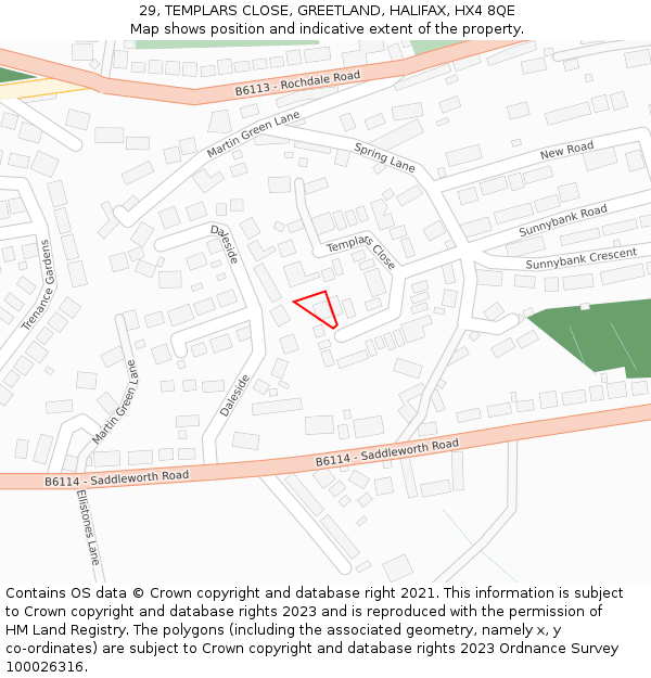 29, TEMPLARS CLOSE, GREETLAND, HALIFAX, HX4 8QE: Location map and indicative extent of plot
