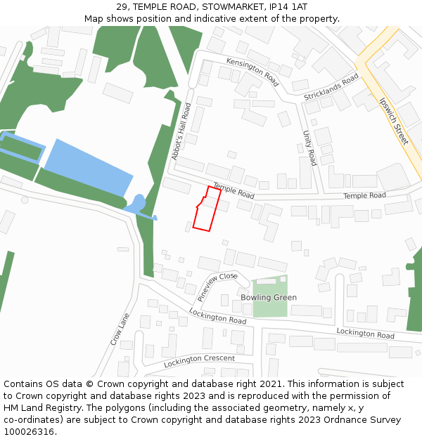 29, TEMPLE ROAD, STOWMARKET, IP14 1AT: Location map and indicative extent of plot
