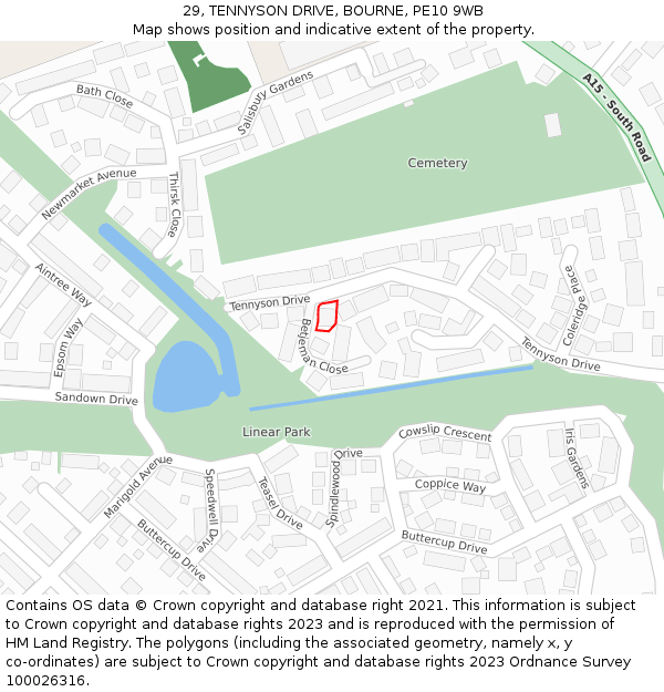 29, TENNYSON DRIVE, BOURNE, PE10 9WB: Location map and indicative extent of plot