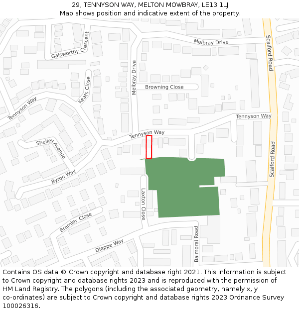 29, TENNYSON WAY, MELTON MOWBRAY, LE13 1LJ: Location map and indicative extent of plot