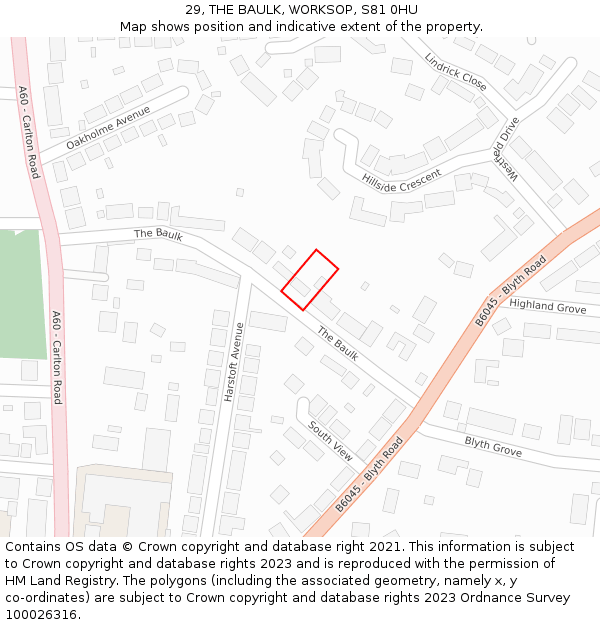 29, THE BAULK, WORKSOP, S81 0HU: Location map and indicative extent of plot