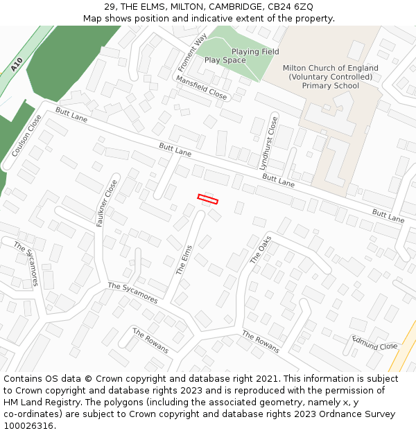 29, THE ELMS, MILTON, CAMBRIDGE, CB24 6ZQ: Location map and indicative extent of plot