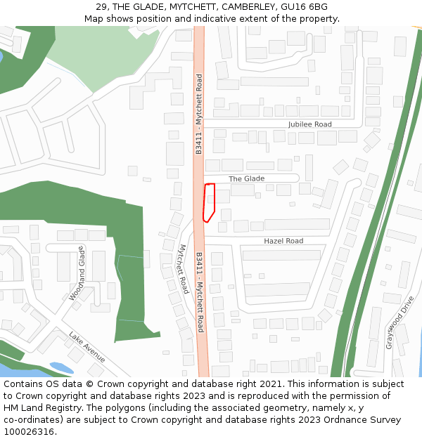 29, THE GLADE, MYTCHETT, CAMBERLEY, GU16 6BG: Location map and indicative extent of plot