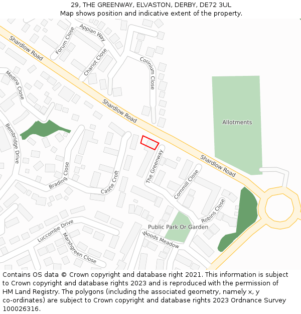 29, THE GREENWAY, ELVASTON, DERBY, DE72 3UL: Location map and indicative extent of plot