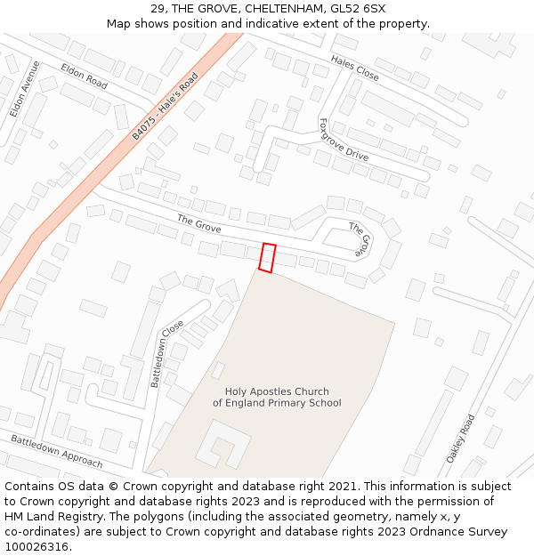 29, THE GROVE, CHELTENHAM, GL52 6SX: Location map and indicative extent of plot