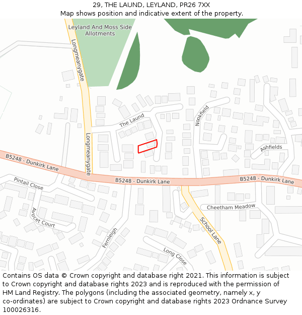 29, THE LAUND, LEYLAND, PR26 7XX: Location map and indicative extent of plot