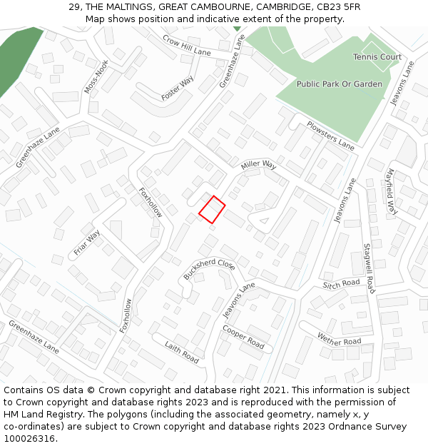 29, THE MALTINGS, GREAT CAMBOURNE, CAMBRIDGE, CB23 5FR: Location map and indicative extent of plot