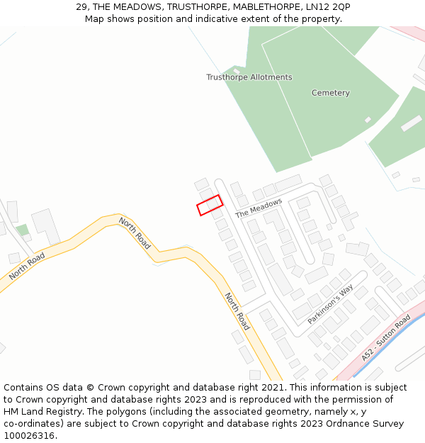 29, THE MEADOWS, TRUSTHORPE, MABLETHORPE, LN12 2QP: Location map and indicative extent of plot