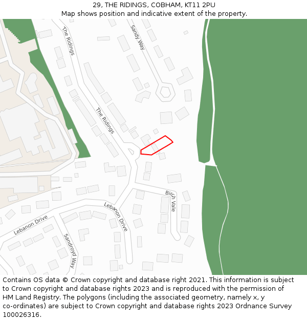 29, THE RIDINGS, COBHAM, KT11 2PU: Location map and indicative extent of plot