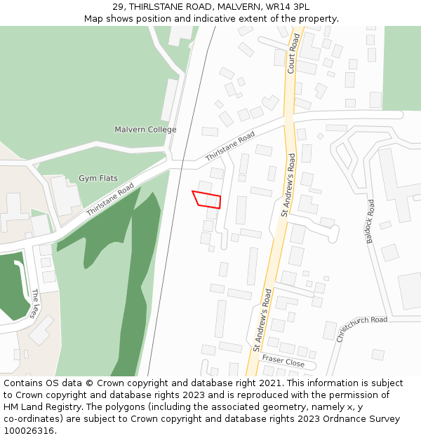 29, THIRLSTANE ROAD, MALVERN, WR14 3PL: Location map and indicative extent of plot