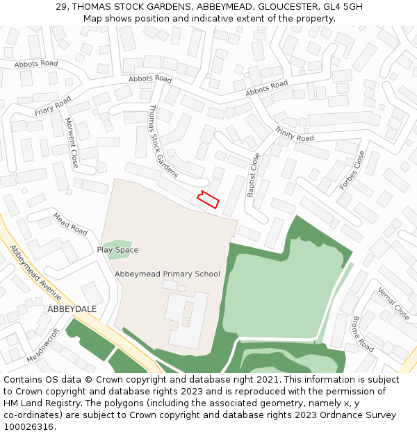 29, THOMAS STOCK GARDENS, ABBEYMEAD, GLOUCESTER, GL4 5GH: Location map and indicative extent of plot