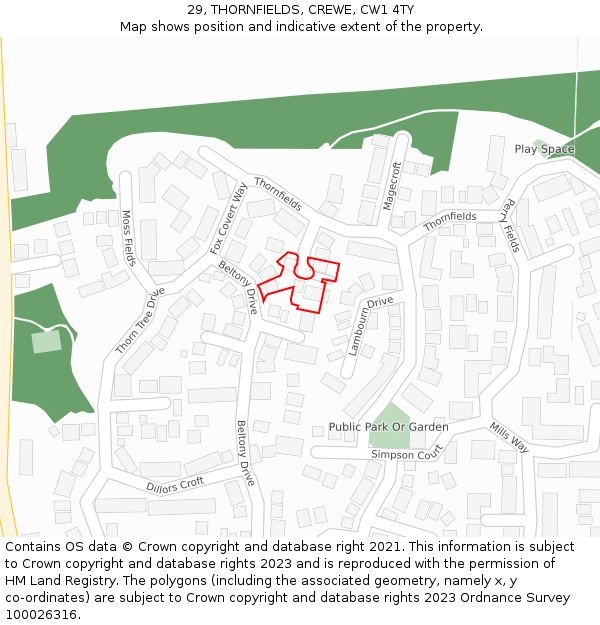 29, THORNFIELDS, CREWE, CW1 4TY: Location map and indicative extent of plot