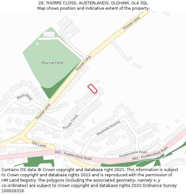 29, THORPE CLOSE, AUSTERLANDS, OLDHAM, OL4 3QL: Location map and indicative extent of plot