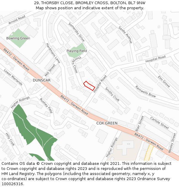 29, THORSBY CLOSE, BROMLEY CROSS, BOLTON, BL7 9NW: Location map and indicative extent of plot