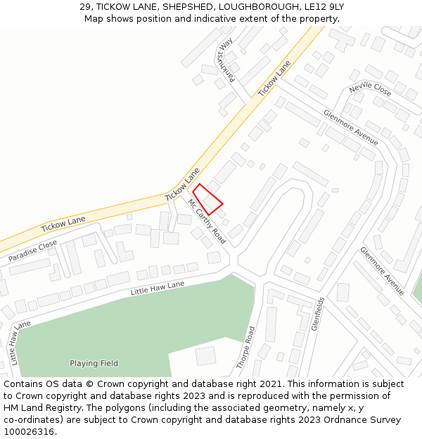 29, TICKOW LANE, SHEPSHED, LOUGHBOROUGH, LE12 9LY: Location map and indicative extent of plot