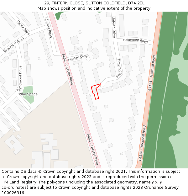 29, TINTERN CLOSE, SUTTON COLDFIELD, B74 2EL: Location map and indicative extent of plot