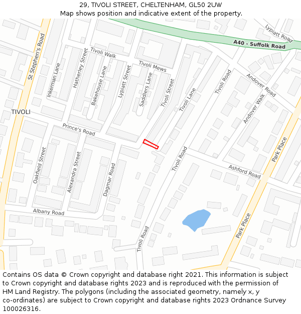 29, TIVOLI STREET, CHELTENHAM, GL50 2UW: Location map and indicative extent of plot