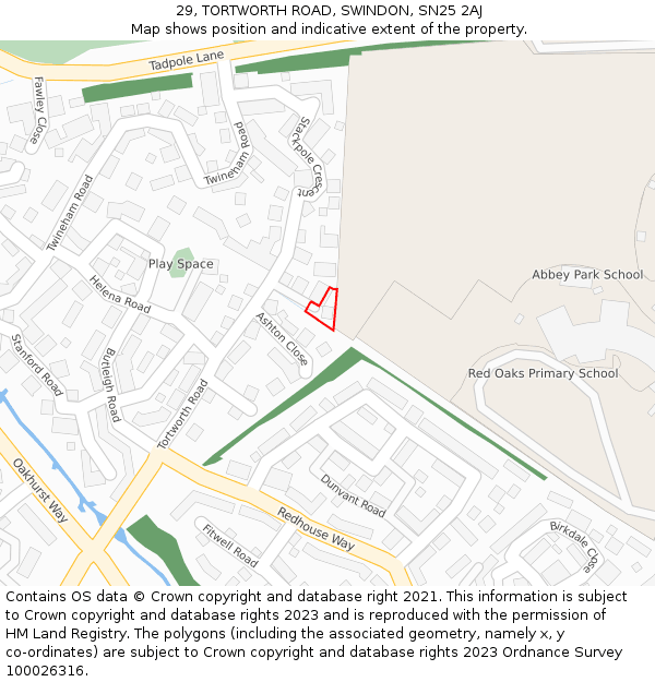 29, TORTWORTH ROAD, SWINDON, SN25 2AJ: Location map and indicative extent of plot