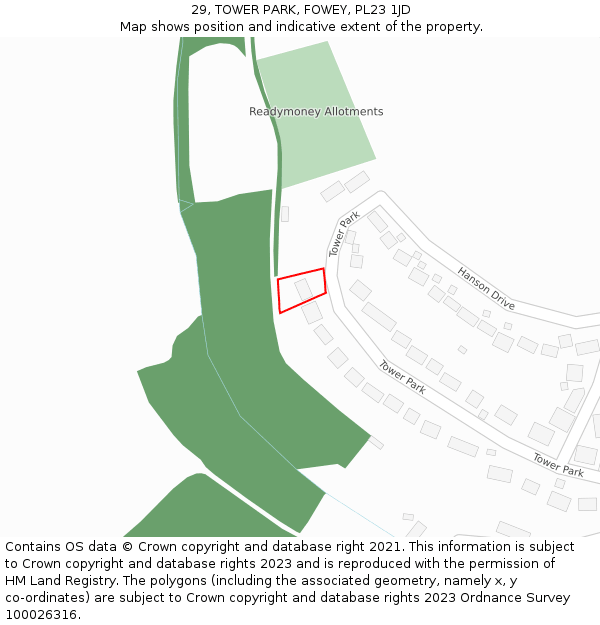 29, TOWER PARK, FOWEY, PL23 1JD: Location map and indicative extent of plot
