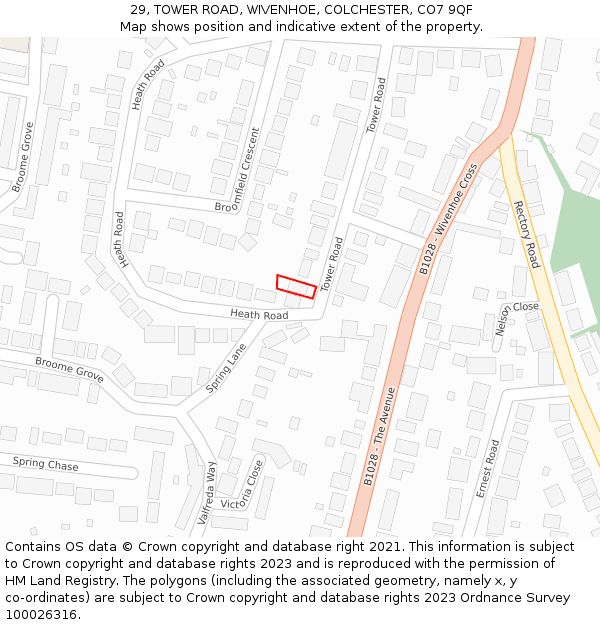 29, TOWER ROAD, WIVENHOE, COLCHESTER, CO7 9QF: Location map and indicative extent of plot