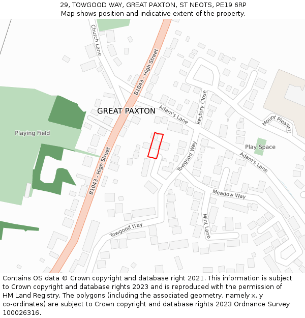 29, TOWGOOD WAY, GREAT PAXTON, ST NEOTS, PE19 6RP: Location map and indicative extent of plot