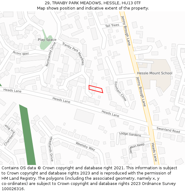29, TRANBY PARK MEADOWS, HESSLE, HU13 0TF: Location map and indicative extent of plot