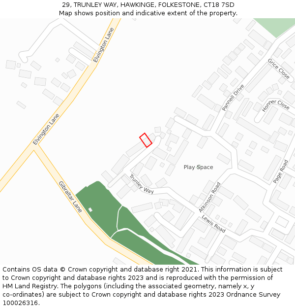 29, TRUNLEY WAY, HAWKINGE, FOLKESTONE, CT18 7SD: Location map and indicative extent of plot