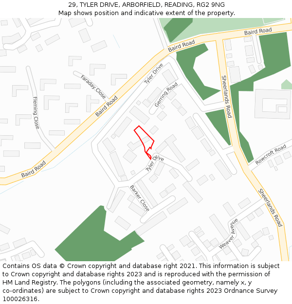 29, TYLER DRIVE, ARBORFIELD, READING, RG2 9NG: Location map and indicative extent of plot