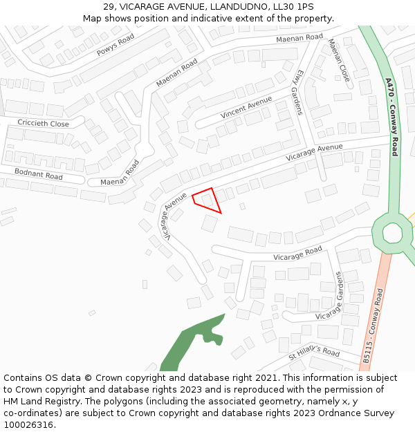 29, VICARAGE AVENUE, LLANDUDNO, LL30 1PS: Location map and indicative extent of plot