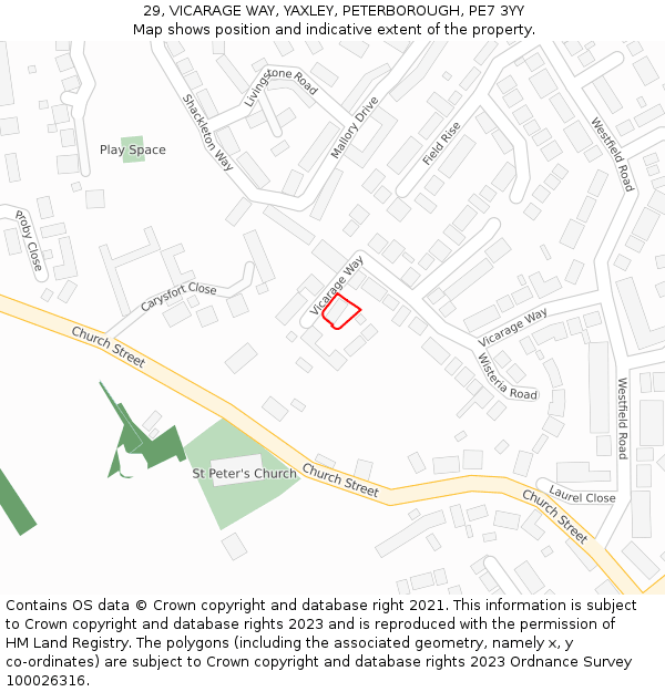 29, VICARAGE WAY, YAXLEY, PETERBOROUGH, PE7 3YY: Location map and indicative extent of plot