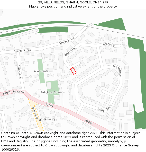 29, VILLA FIELDS, SNAITH, GOOLE, DN14 9RP: Location map and indicative extent of plot