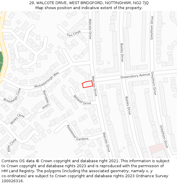 29, WALCOTE DRIVE, WEST BRIDGFORD, NOTTINGHAM, NG2 7JQ: Location map and indicative extent of plot